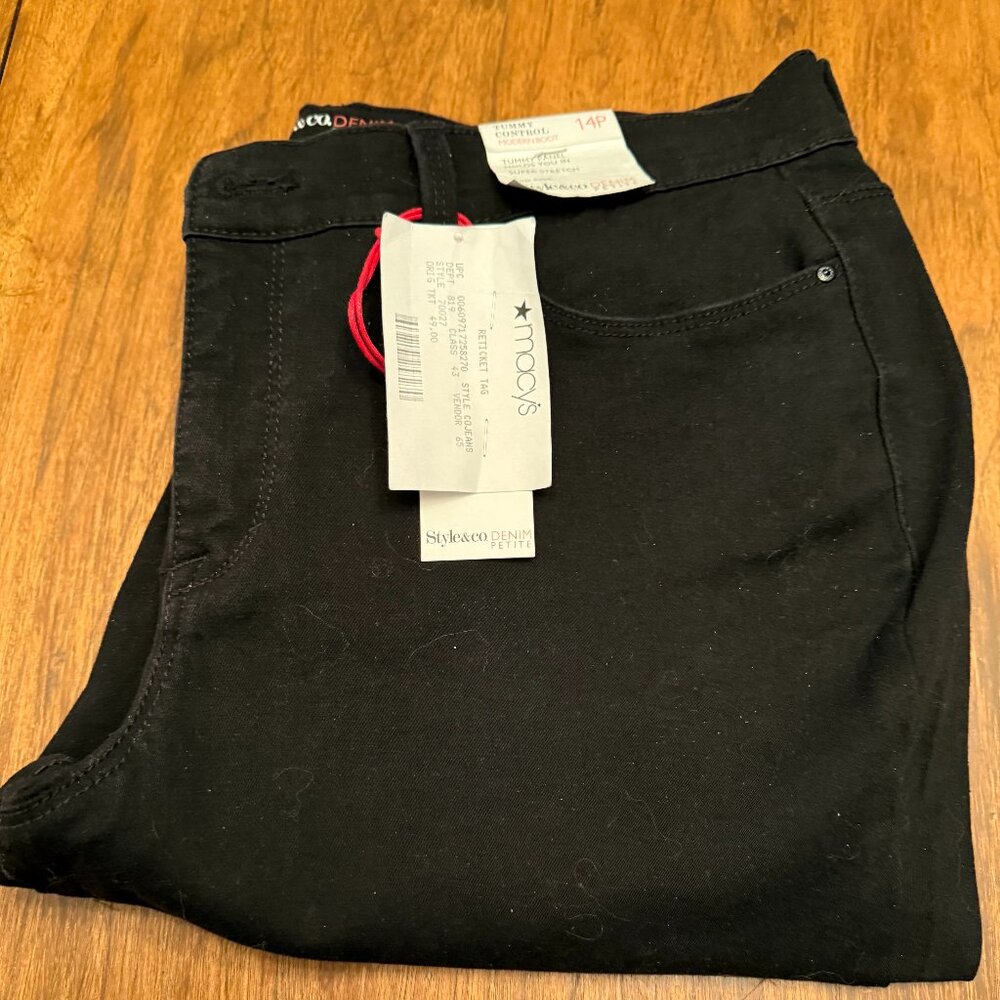 Style and Co Jeans Women’s size 14P Rich Black Mid Rise Tummy Control NWT